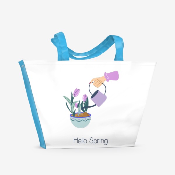 Пляжная сумка «Hello Spring. Принт с весенни цветами и леттерингом»