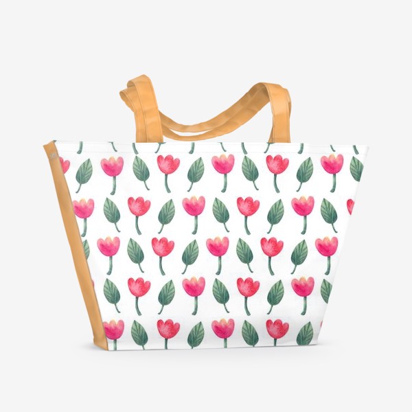 Пляжная сумка «Розовые тюльпаны. Декоративный весенний паттерн на белом фоне»