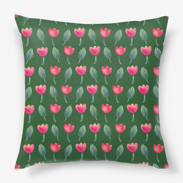 Подушка «Розовые тюльпаны на зеленов фоне. Весенний паттерн»