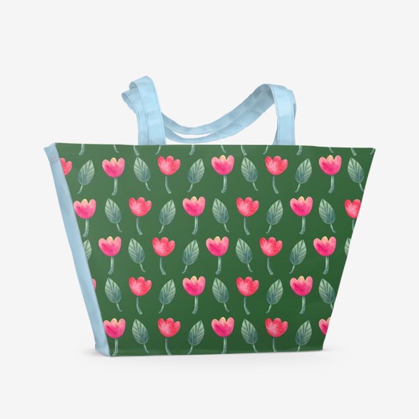Пляжная сумка «Розовые тюльпаны на зеленов фоне. Весенний паттерн»