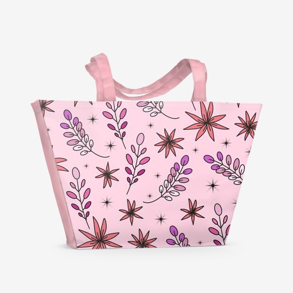 Пляжная сумка &laquo;Дудл цветы и веточки на розовом фоне - паттерн&raquo;