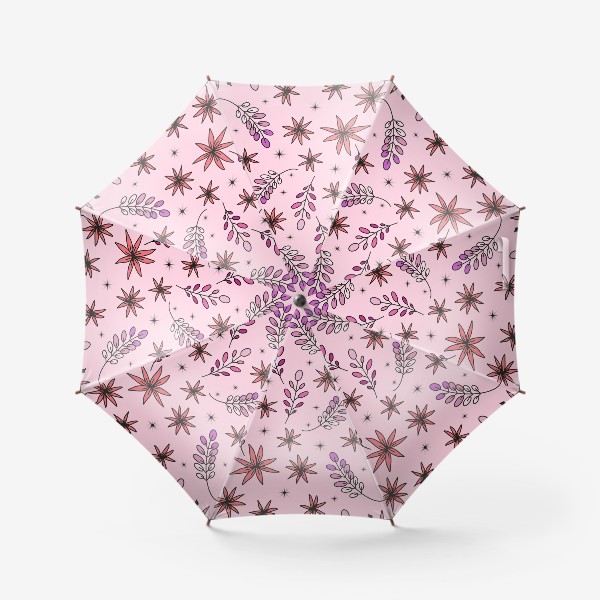 Зонт «Дудл цветы и веточки на розовом фоне - паттерн»