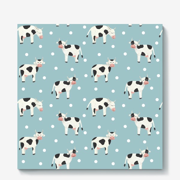 Холст «Молочные коровы и горошек для ребенка Принт с милыми коровами на голубом фоне для детей»