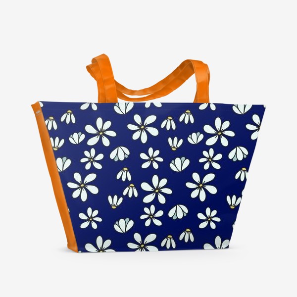 Пляжная сумка «Дудл ромашки на синем фоне - паттерн»