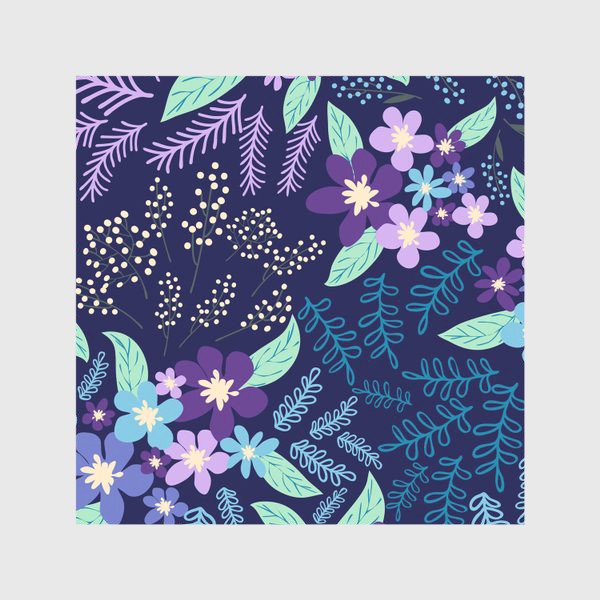 Скатерть «Фиолетовые, лавандовые, голубые букеты на темном фоне паттерн»