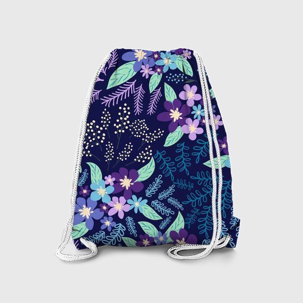 Рюкзак «Фиолетовые, лавандовые, голубые букеты на темном фоне паттерн»