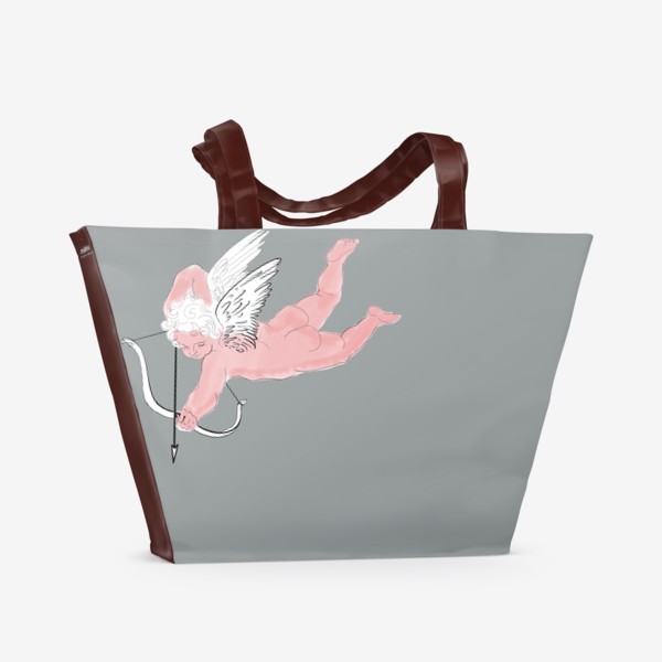 Пляжная сумка «Розовый Ангел милый купидон на сером  фоне»