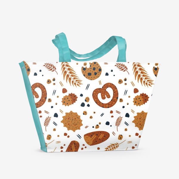 Пляжная сумка «Акварельный нарисованный вручную бесшовный фон, яркие иллюстрации хлебобулочных изделий, веточек ржи, печенья. Выпечка»