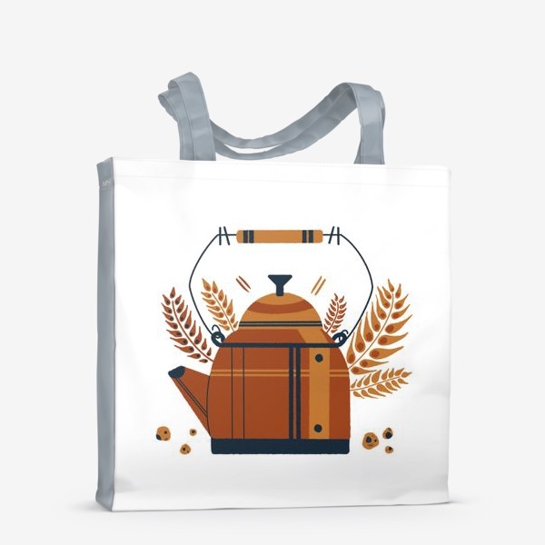 Сумка-шоппер «Акварельная нарисованная вручную яркая иллюстрация, милый чайник, веточки  пшеницы, ржи. Чаепитие»