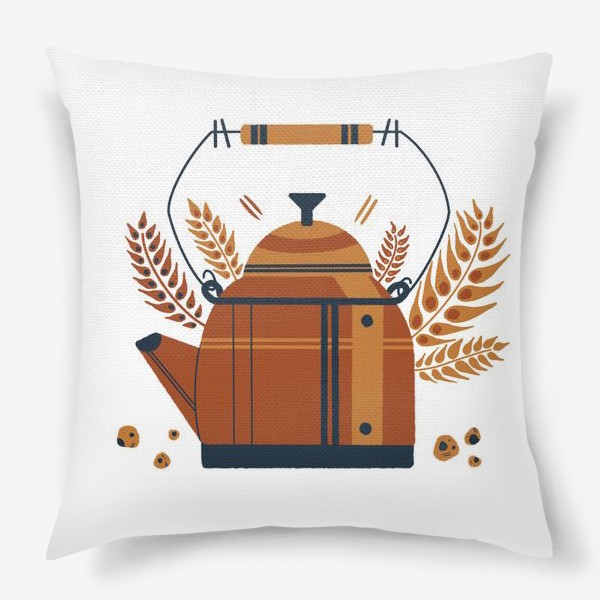Подушка «Акварельная нарисованная вручную яркая иллюстрация, милый чайник, веточки  пшеницы, ржи. Чаепитие»