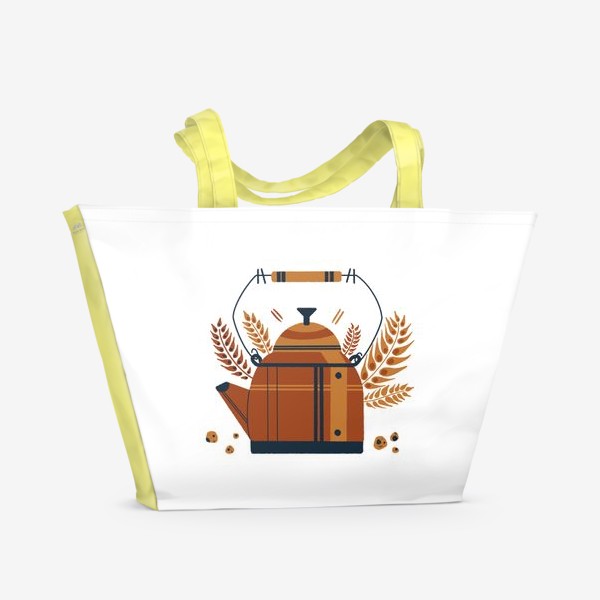 Пляжная сумка «Акварельная нарисованная вручную яркая иллюстрация, милый чайник, веточки  пшеницы, ржи. Чаепитие»