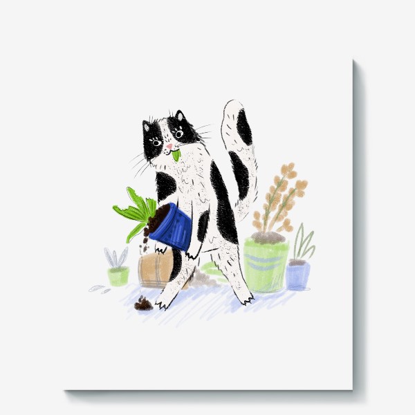 Холст &laquo;Вандал. Кот буянит среди цветочных горшков и ест растения. Смешные коты&raquo;
