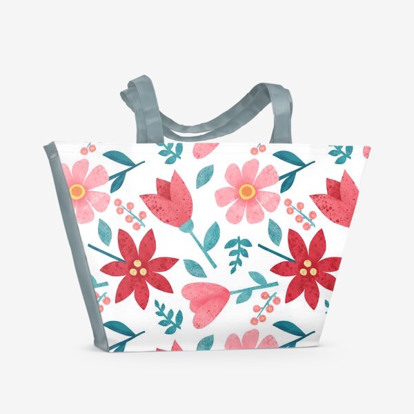 Пляжная сумка «Яркий цветочный акварельный принт Розовые и красные акварельные цветы на белом фоне»