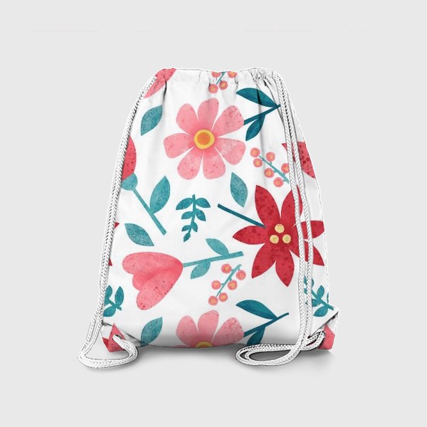 Рюкзак «Яркий цветочный акварельный принт Розовые и красные акварельные цветы на белом фоне»