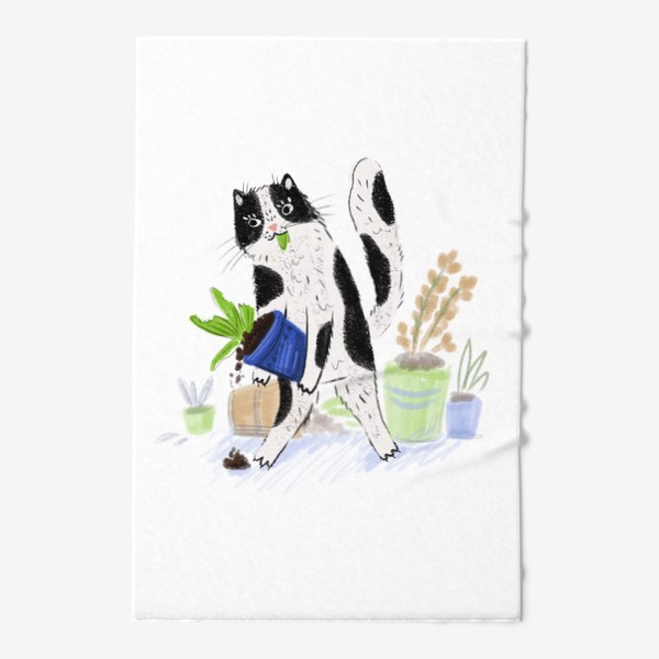 Полотенце &laquo;Вандал. Кот буянит среди цветочных горшков и ест растения. Смешные коты&raquo;