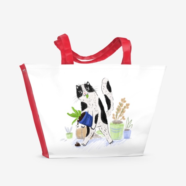Пляжная сумка &laquo;Вандал. Кот буянит среди цветочных горшков и ест растения. Смешные коты&raquo;