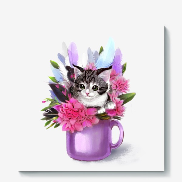 Холст «Котёнок в цветах и в чашке»