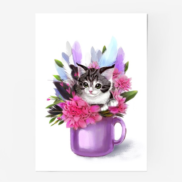 Постер «Котёнок в цветах и в чашке»