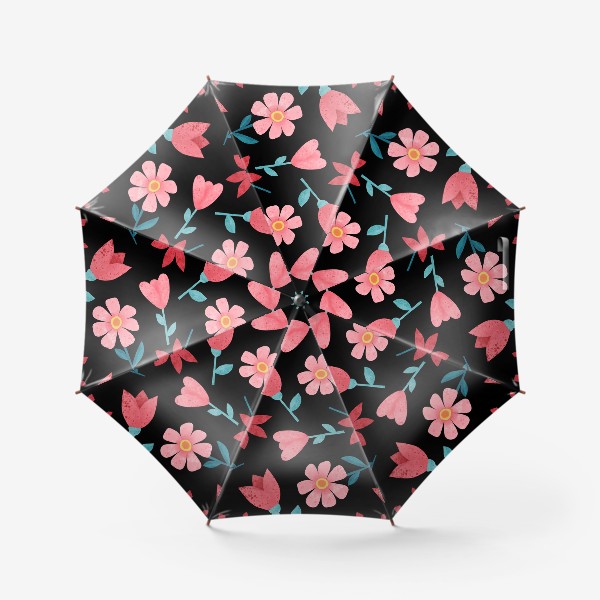 Зонт «Акварельные розовые и красные цветы на черном фоне Принт с цветами к 8 марта Цветочный принт»