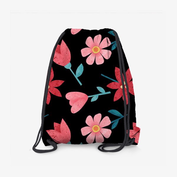 Рюкзак «Акварельные розовые и красные цветы на черном фоне Принт с цветами к 8 марта Цветочный принт»