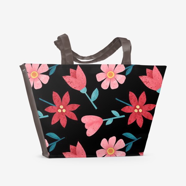 Пляжная сумка «Акварельные розовые и красные цветы на черном фоне Принт с цветами к 8 марта Цветочный принт»