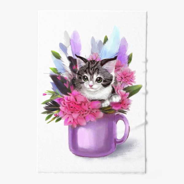 Полотенце «Котёнок в цветах и в чашке»