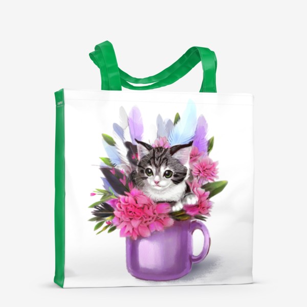 Сумка-шоппер «Котёнок в цветах и в чашке»