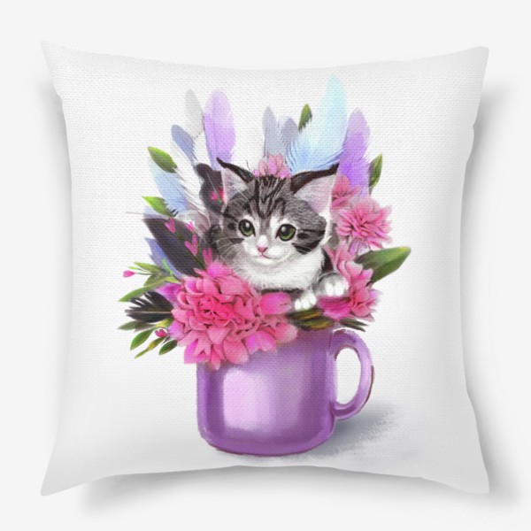 Подушка «Котёнок в цветах и в чашке»