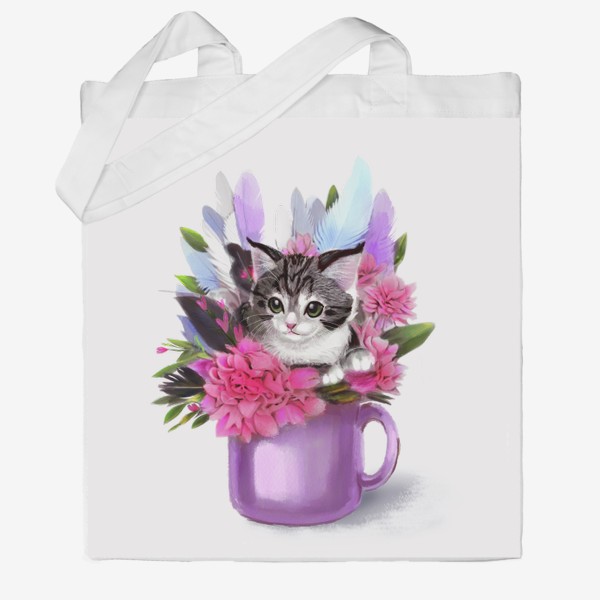 Сумка хб «Котёнок в цветах и в чашке»