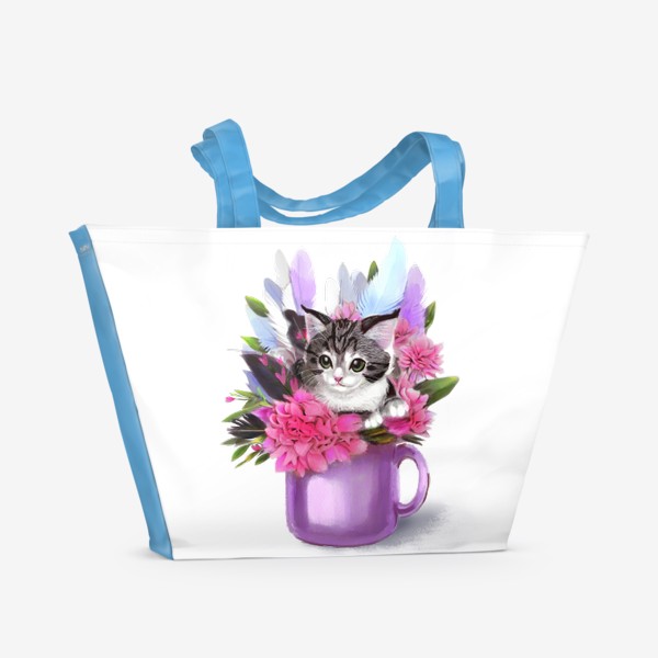 Пляжная сумка «Котёнок в цветах и в чашке»