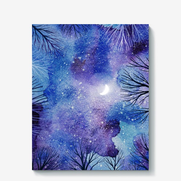 Холст «Красивое ночное акварельное небо с луной, звездами и силуэтами деревьев»