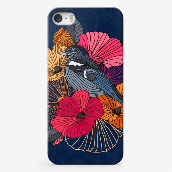 Чехол iPhone «Серая птичка среди ярких цветов»