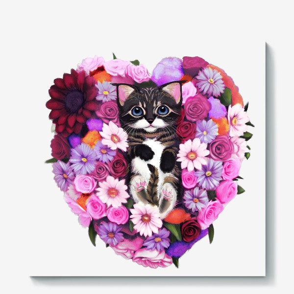 Холст «Котёнок лежит в сердце из цветов. Букет на 8 марта. »
