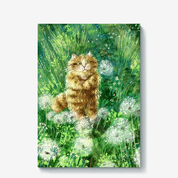 Холст «Милый рыжий кот на солнечном поле с одуванчиками и травами»