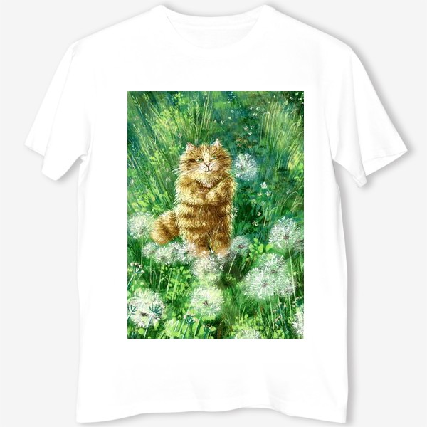 Футболка «Милый рыжий кот на солнечном поле с одуванчиками и травами»