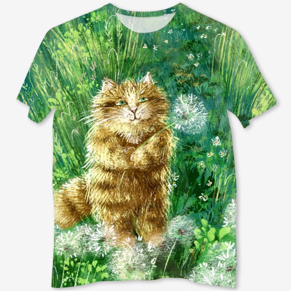 Футболка с полной запечаткой &laquo;Милый рыжий кот на солнечном поле с одуванчиками и травами&raquo;