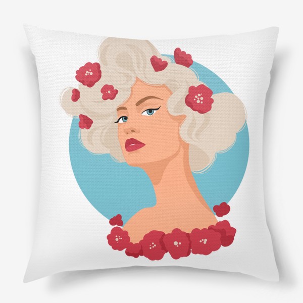 Подушка «Девушка с красными цветами »