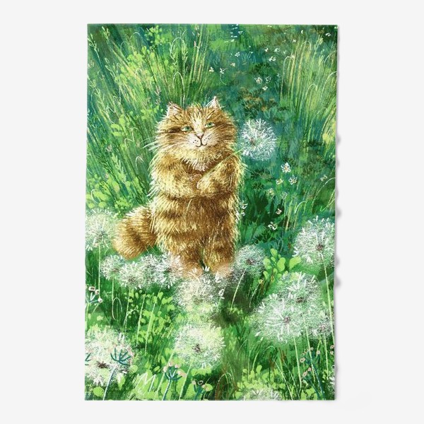 Полотенце «Милый рыжий кот на солнечном поле с одуванчиками и травами»