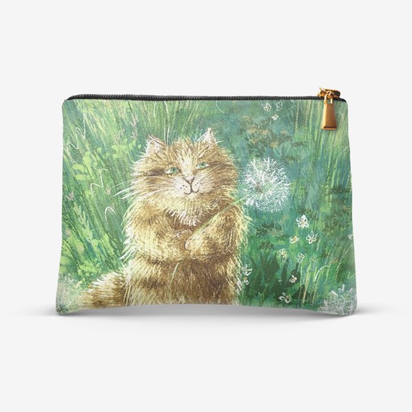Косметичка «Милый рыжий кот на солнечном поле с одуванчиками и травами»