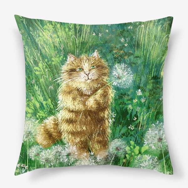 Подушка «Милый рыжий кот на солнечном поле с одуванчиками и травами»