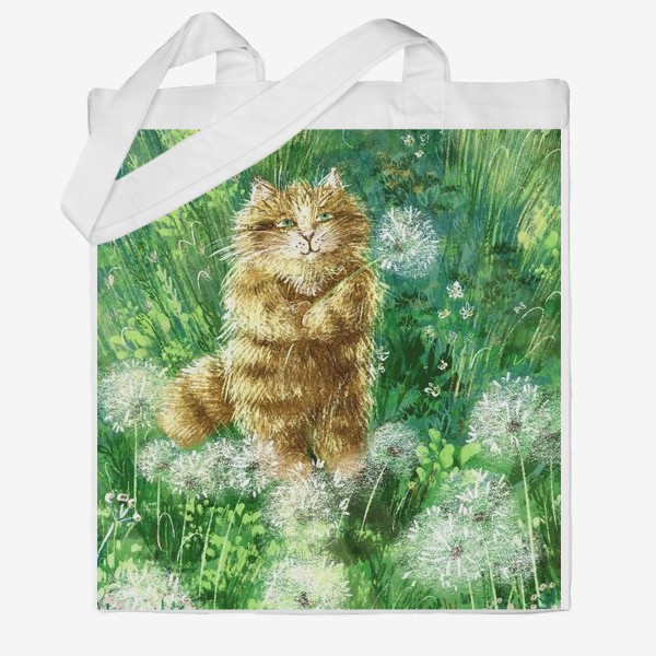 Сумка хб «Милый рыжий кот на солнечном поле с одуванчиками и травами»