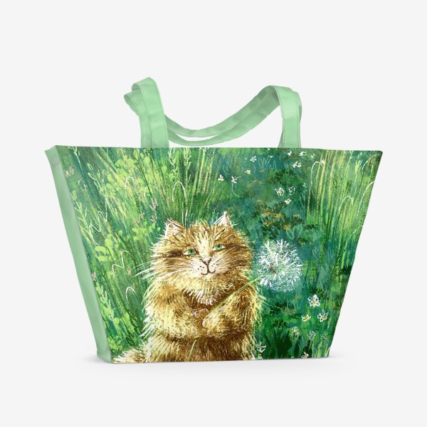 Пляжная сумка «Милый рыжий кот на солнечном поле с одуванчиками и травами»