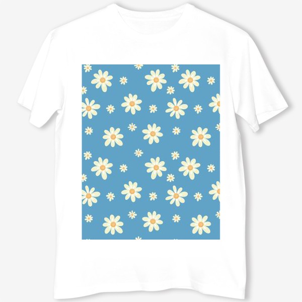 Футболка «Ромашки на голубом фоне Белые цветы Принт с белыми цветами ромашками»