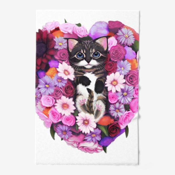 Полотенце &laquo;Котёнок лежит в сердце из цветов. Букет на 8 марта. &raquo;