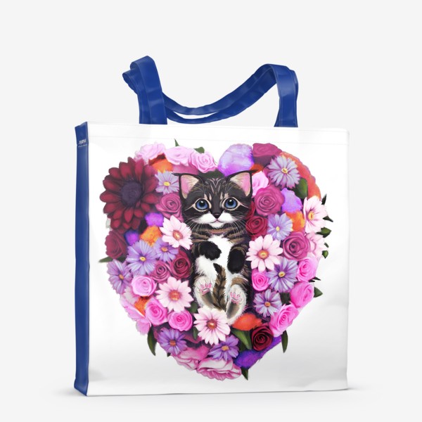 Сумка-шоппер &laquo;Котёнок лежит в сердце из цветов. Букет на 8 марта. &raquo;