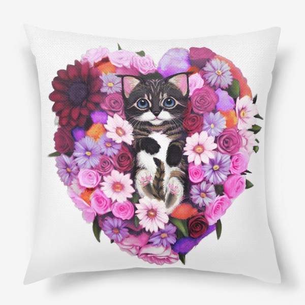 Подушка «Котёнок лежит в сердце из цветов. Букет на 8 марта. »