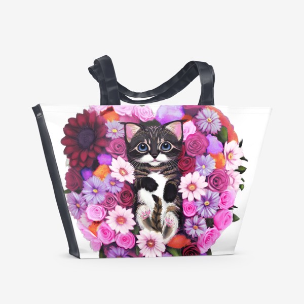 Пляжная сумка «Котёнок лежит в сердце из цветов. Букет на 8 марта. »