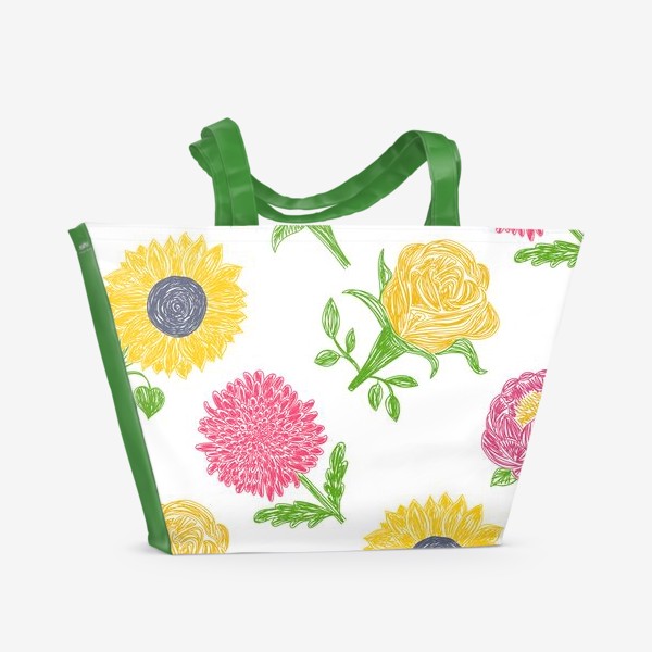 Пляжная сумка «Цветы подсолнухи, хризантемы розы и пионы. Цветочный паттерн»