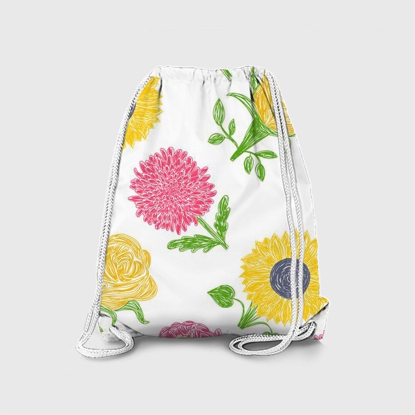 Рюкзак «Цветы подсолнухи, хризантемы розы и пионы. Цветочный паттерн»