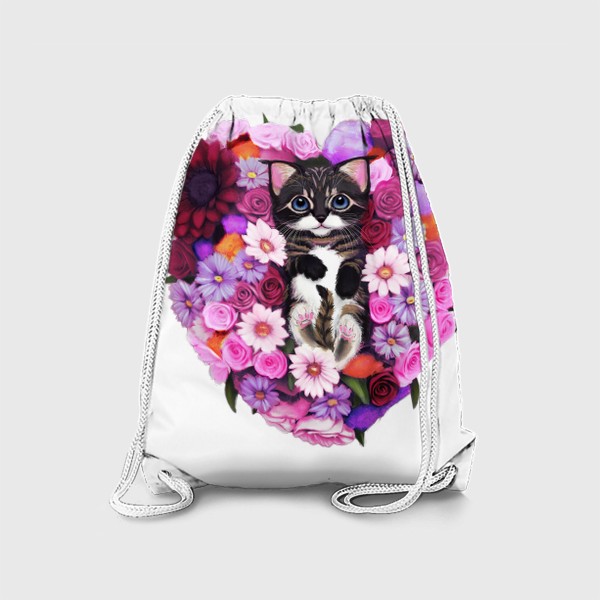 Рюкзак «Котёнок лежит в сердце из цветов. Букет на 8 марта. »